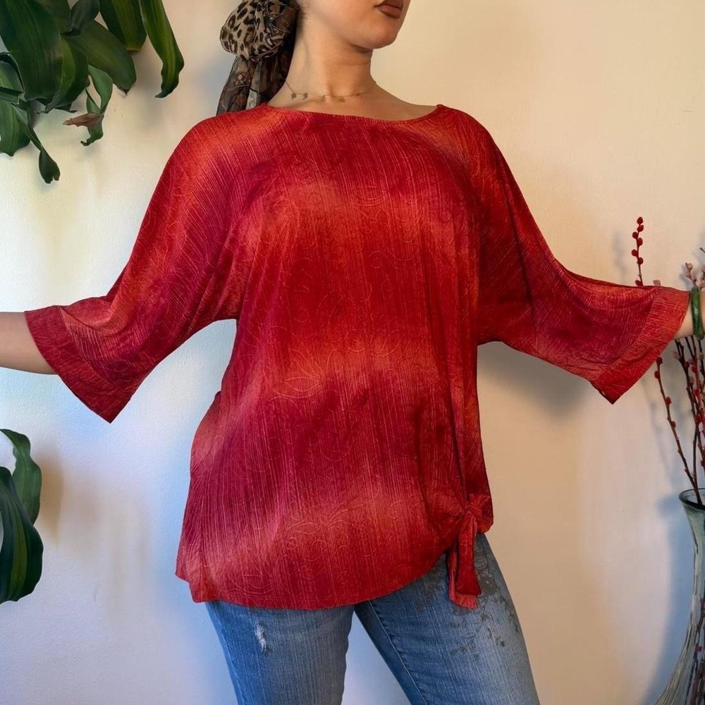 Avenue Red Orange Sunset Tie Dye Slouchy Boho Blouse 3/4 Bell Sleeve 2X 18/20